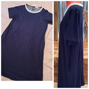 New navy blue knit a-line Dress L white rose neckline